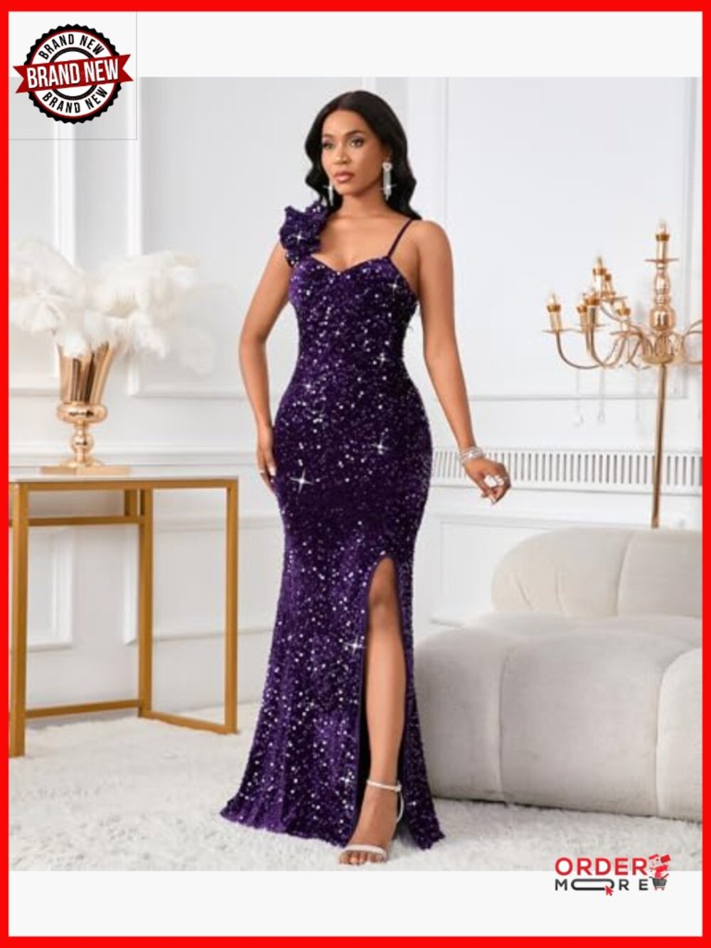 Elegant Sequin Mermaid Bodycon Maxi Dress with Ruffled Hem - Picture 4 of 7